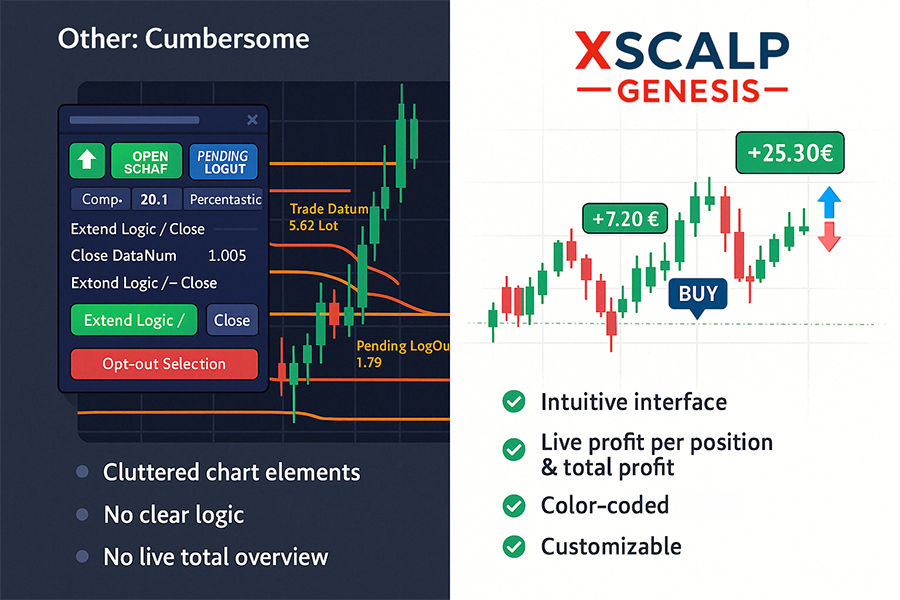 Screenshot der benutzerfreundlichen Oberfläche von XScalpGenesis mit allen Trading-Elementen und Profit-Anzeigen